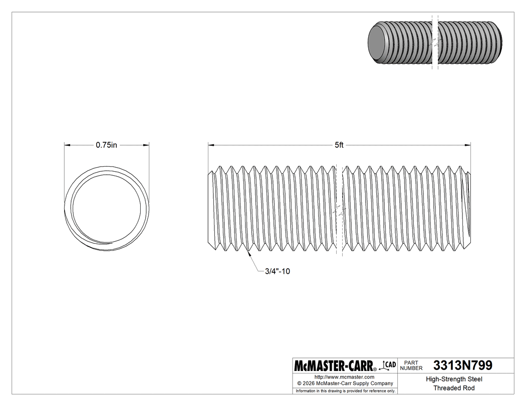 Technical Drawing of High-Strength Steel Threaded Rod, Zinc Yellow-Chromate Plated, 3/4"-10 Thread Size, 5 Feet Long.